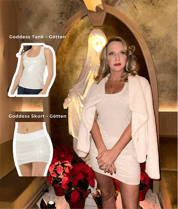 Woman in a white outfit with inset images of 'Goddess Tank' and 'Goddess Skort' clothing.